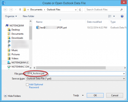 create new pst data file