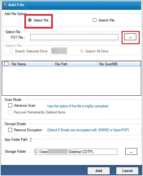 add the outlook data file