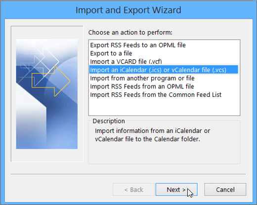 Import an iCalendar (.ics) or vCalendar file (.vcs)