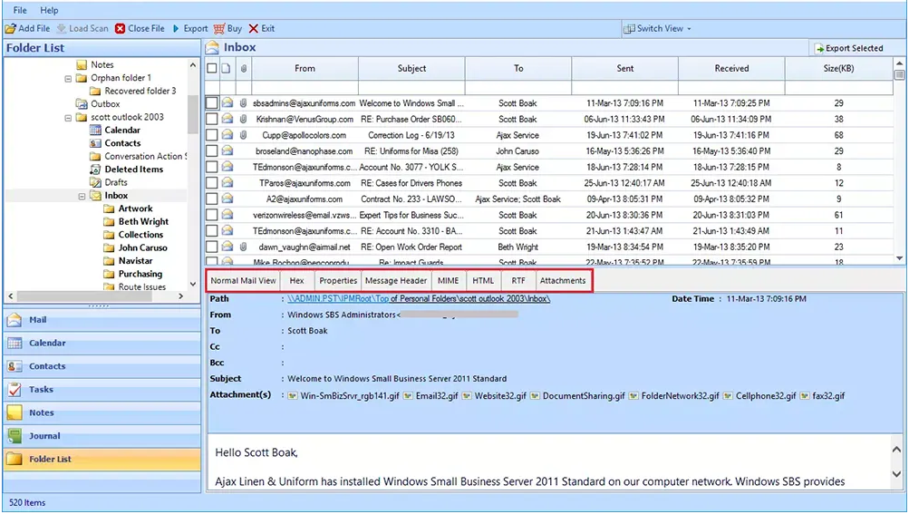preview the Outlook PST file