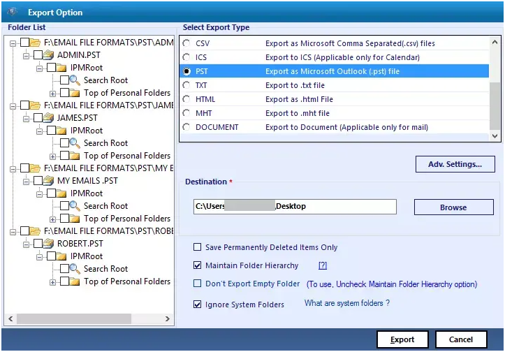 Choose the export format