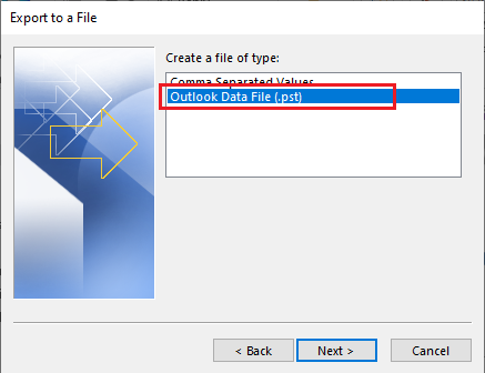 Select the option Outlook Data File(.pst)