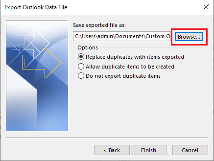 Browse the location where Outlook will export its emails
