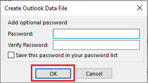 Enter the password to encrypt the PST file