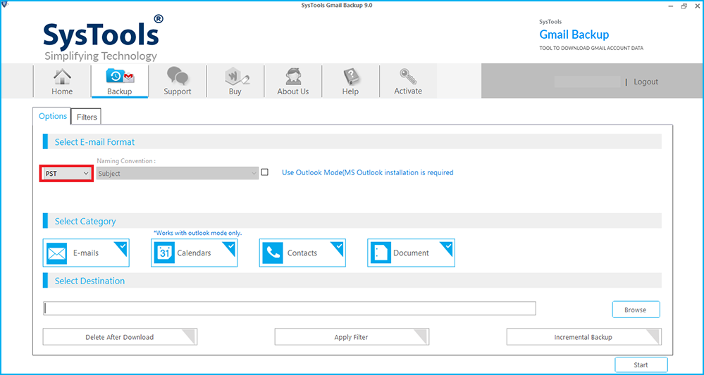 select the pst format