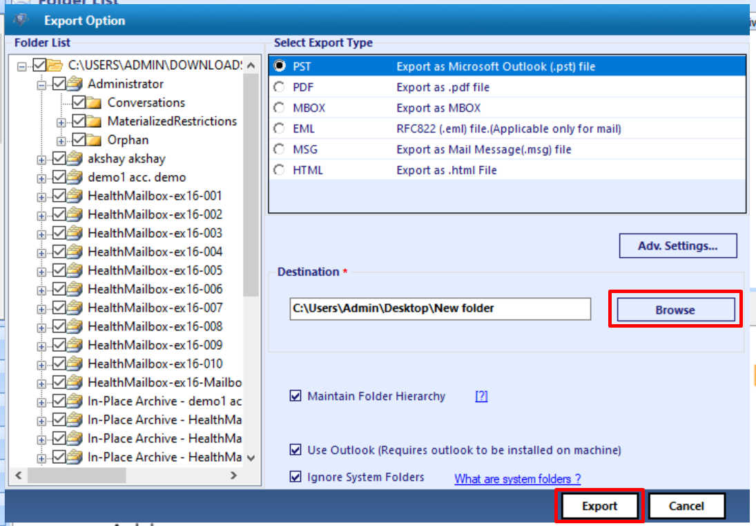 set target file location and click export