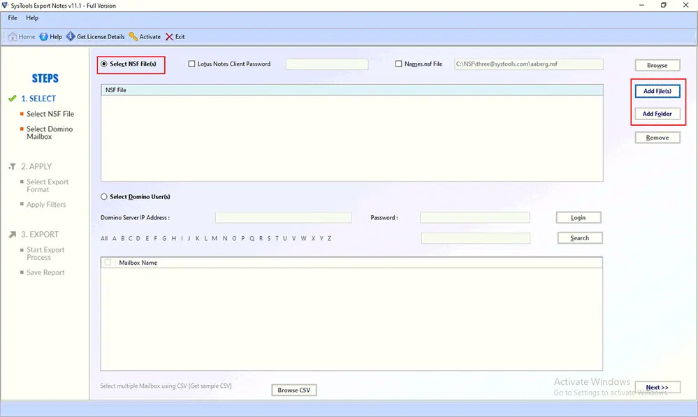 select nsf file to add into the software