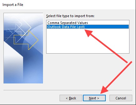 select outlook data file