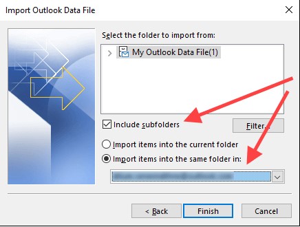 include subfolders of pst file