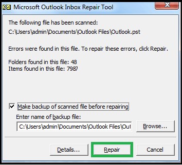 repair the outlook data file